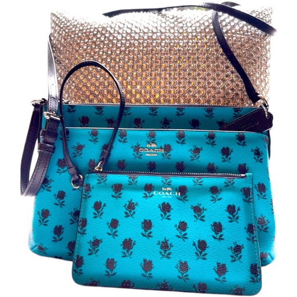 Coach Handbags - COACH Cross Body Bag Blue turquoise with black flowers and extra small W…